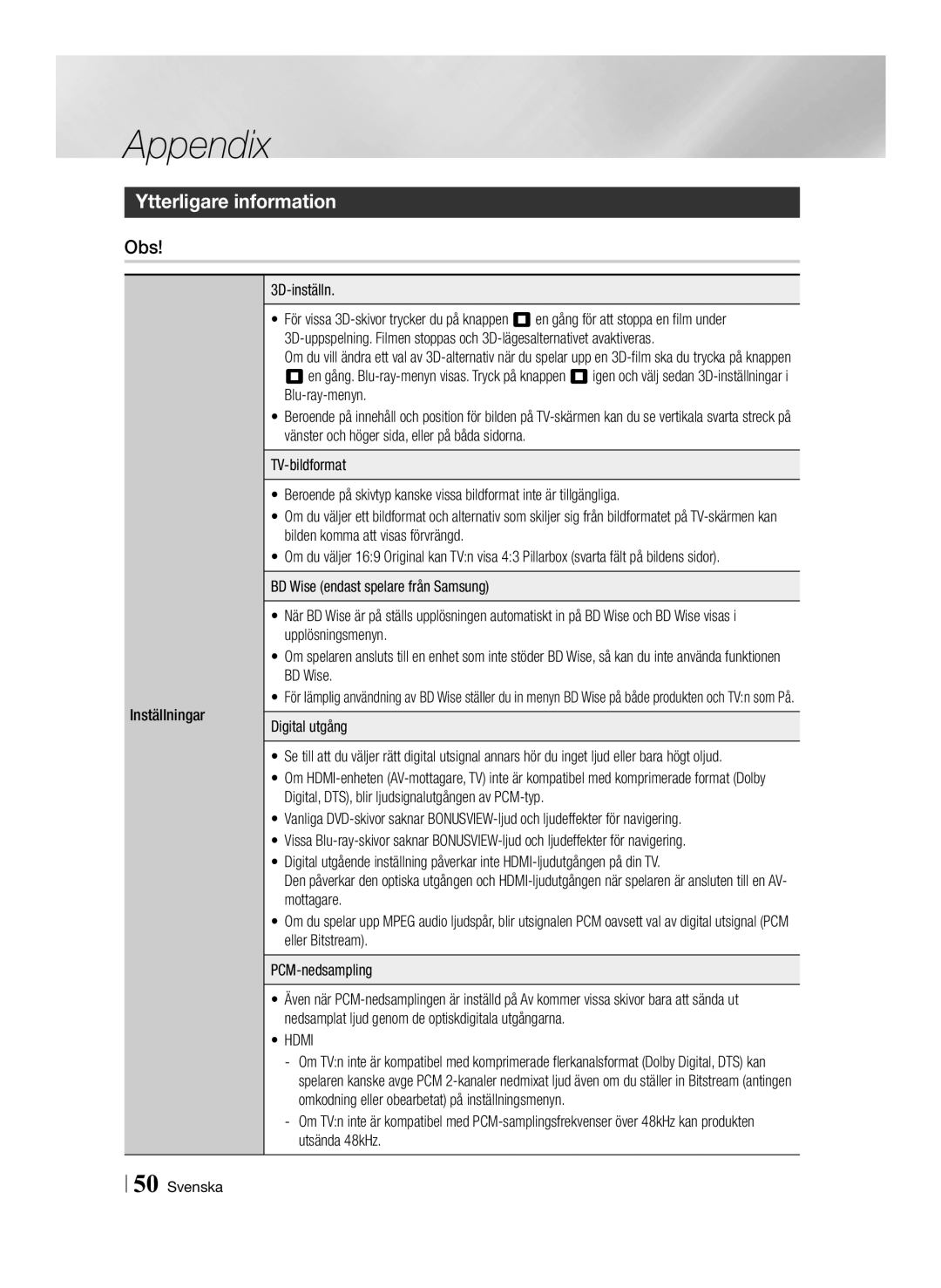 Samsung BD-ES6000/XE, BD-ES6000E/XE manual Ytterligare information, Obs, Inställningar 3D-inställn, Hdmi 