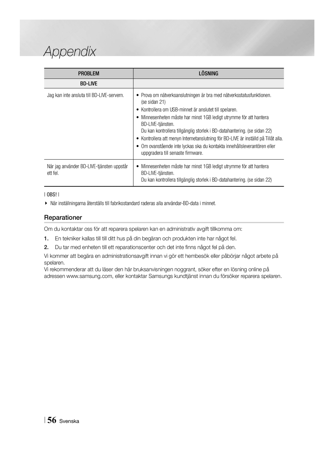 Samsung BD-ES6000/XE, BD-ES6000E/XE manual Reparationer 