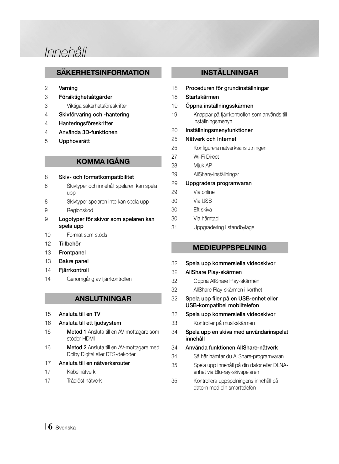 Samsung BD-ES6000/XE, BD-ES6000E/XE manual Innehåll, Säkerhetsinformation 