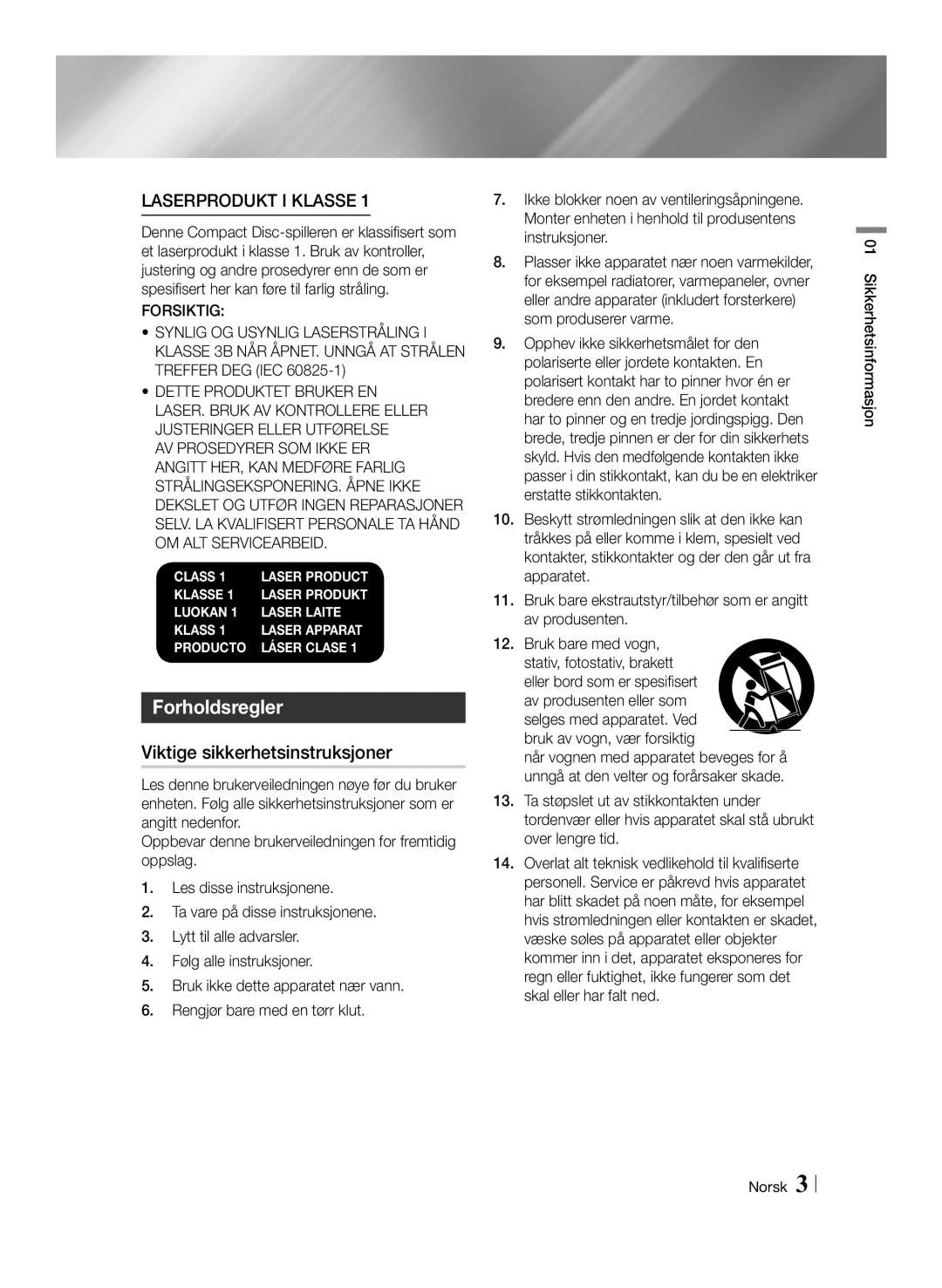 Samsung BD-ES6000/XE, BD-ES6000E/XE manual Forholdsregler, Viktige sikkerhetsinstruksjoner, Sikkerhetsinformasjon Norsk 