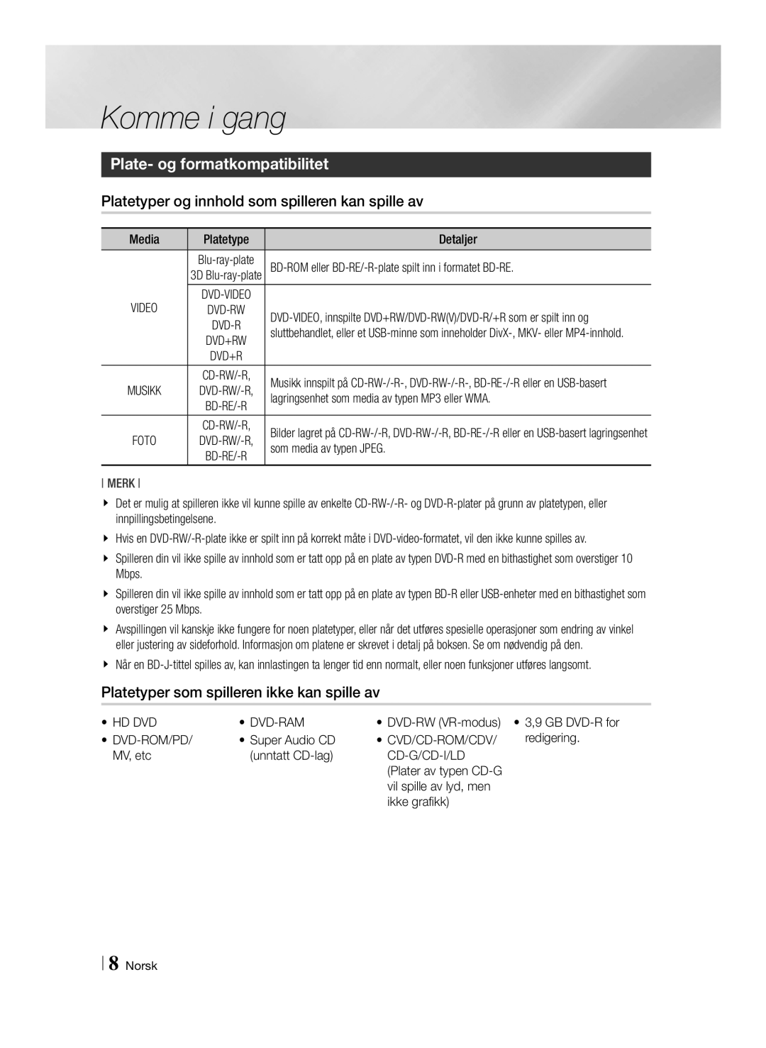 Samsung BD-ES6000E/XE Komme i gang, Plate- og formatkompatibilitet, Platetyper og innhold som spilleren kan spille av 