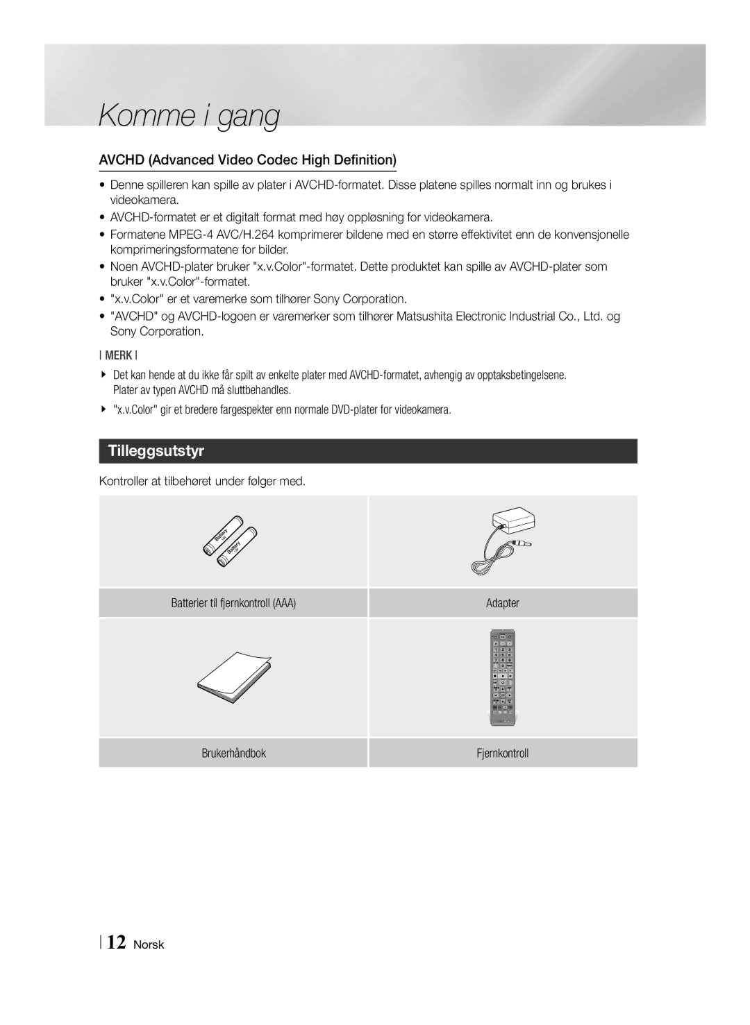 Samsung BD-ES6000E/XE, BD-ES6000/XE manual Tilleggsutstyr, Brukerhåndbok Fjernkontroll 