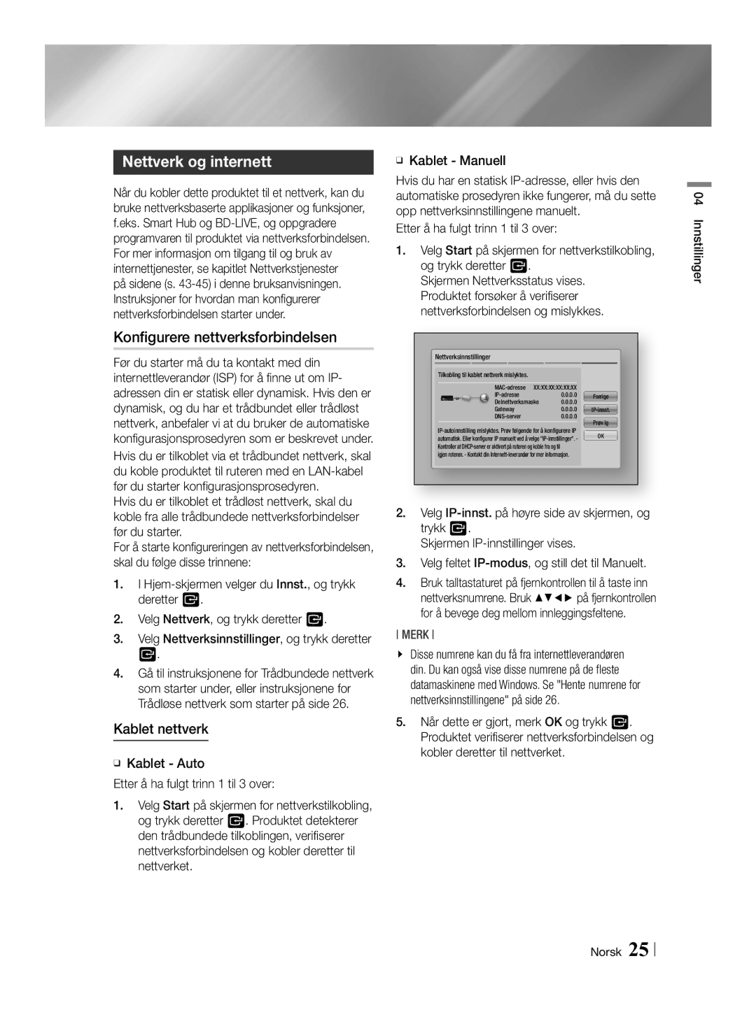 Samsung BD-ES6000/XE manual Nettverk og internett, Konfigurere nettverksforbindelsen, Kablet nettverk, ĞĞ Kablet Manuell 