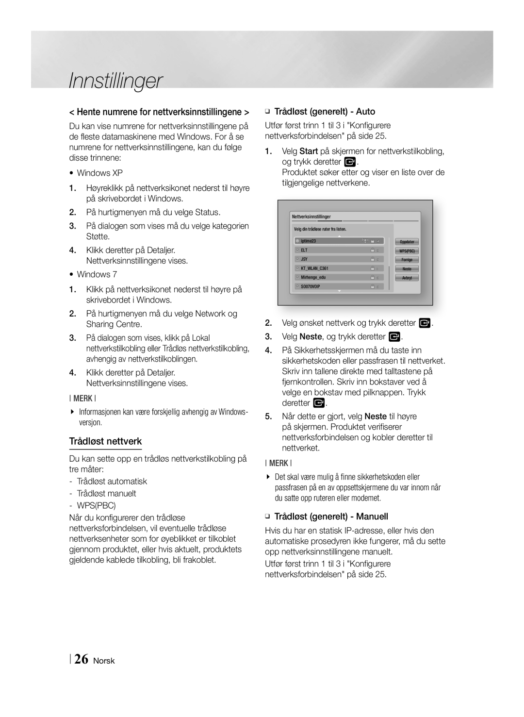 Samsung BD-ES6000E/XE manual Trådløst nettverk, Hente numrene for nettverksinnstillingene, ĞĞ Trådløst generelt Auto 