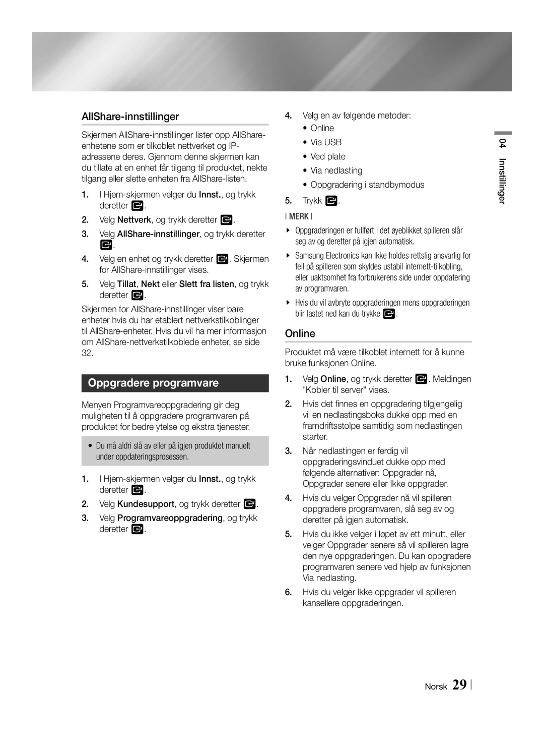 Samsung BD-ES6000/XE, BD-ES6000E/XE manual AllShare-innstillinger, Oppgradere programvare, Online 