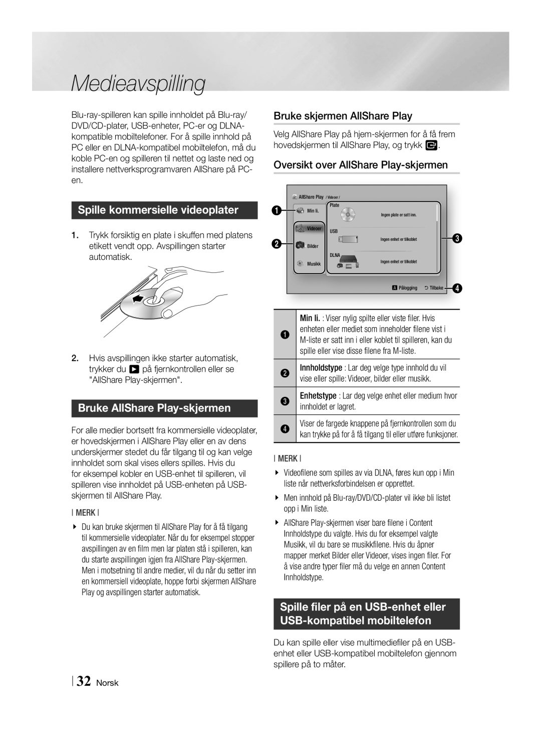 Samsung BD-ES6000E/XE, BD-ES6000/XE Medieavspilling, Bruke skjermen AllShare Play, Oversikt over AllShare Play-skjermen 