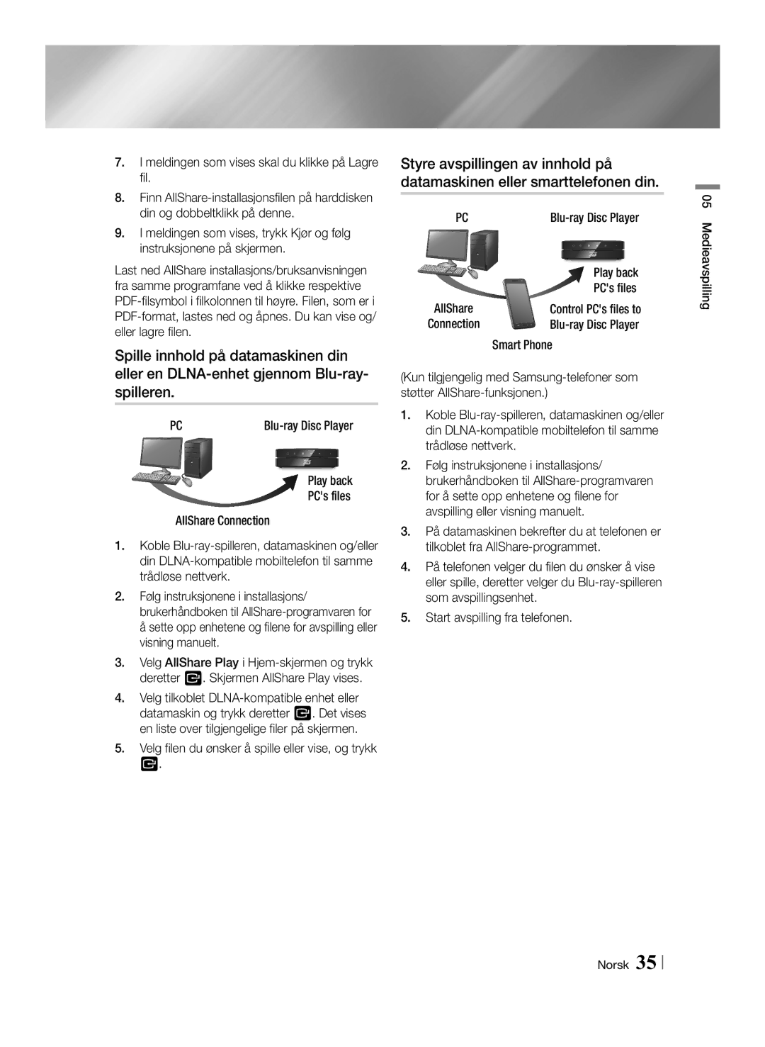 Samsung BD-ES6000/XE, BD-ES6000E/XE Velg filen du ønsker å spille eller vise, og trykk, Smart Phone, Play back PCs files 