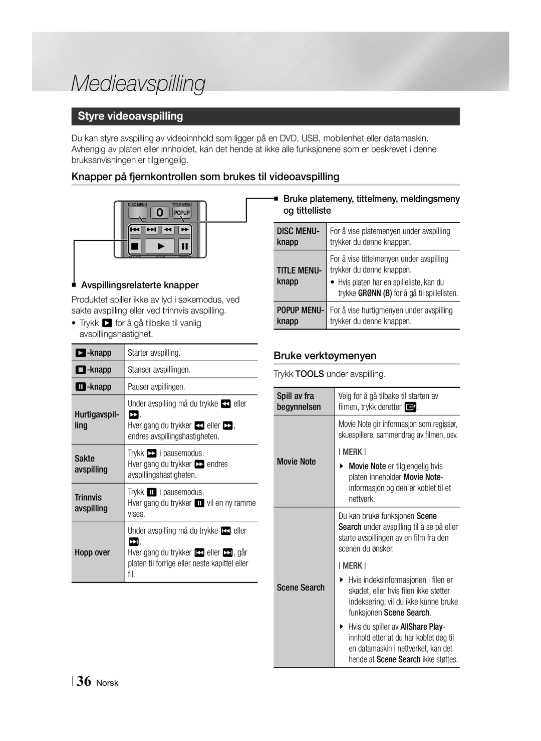 Samsung BD-ES6000E/XE, BD-ES6000/XE manual Styre videoavspilling, Knapper på fjernkontrollen som brukes til videoavspilling 