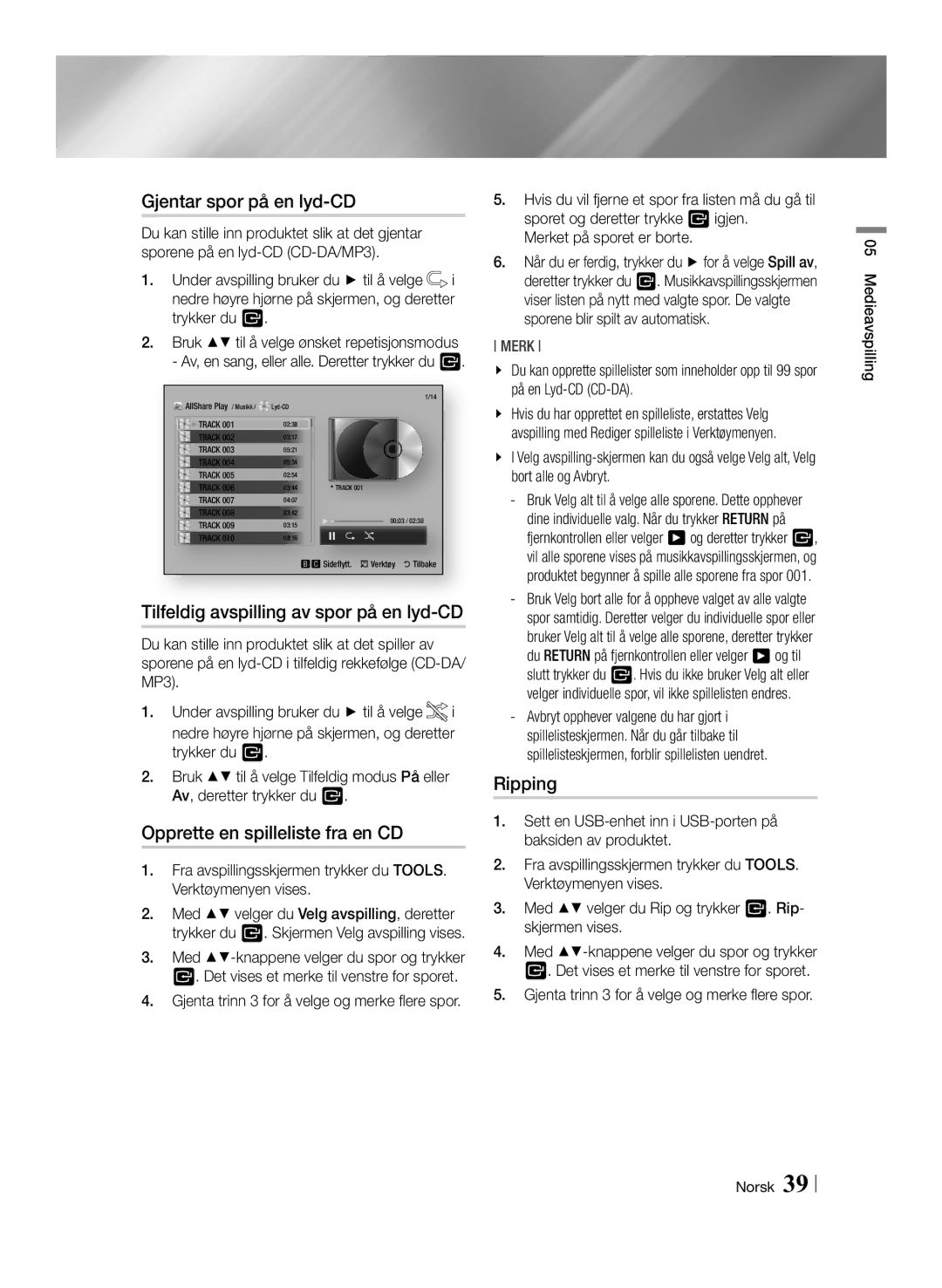 Samsung BD-ES6000/XE, BD-ES6000E/XE manual Gjentar spor på en lyd-CD, Tilfeldig avspilling av spor på en lyd-CD, Ripping 