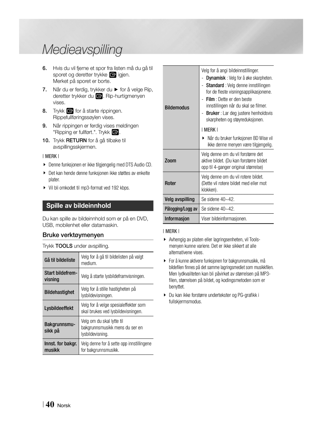 Samsung BD-ES6000E/XE, BD-ES6000/XE manual Spille av bildeinnhold 