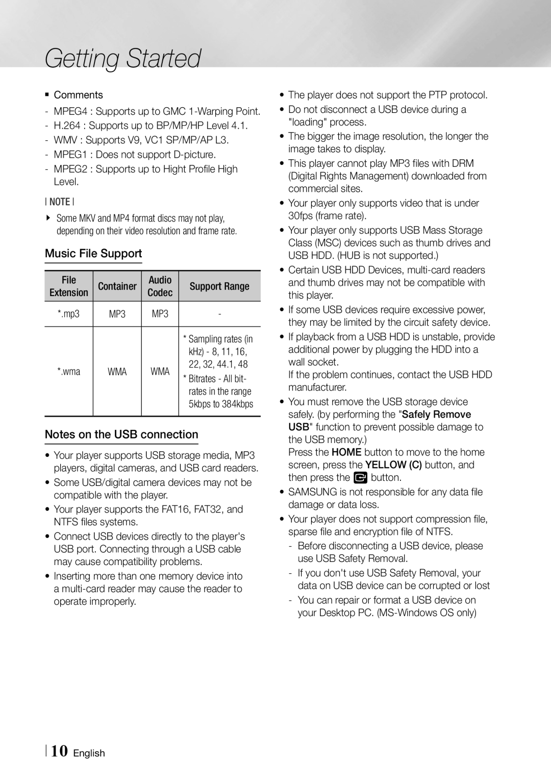 Samsung BD-ES6000/ZA user manual Music File Support, Support Range, KHz 8, 11 