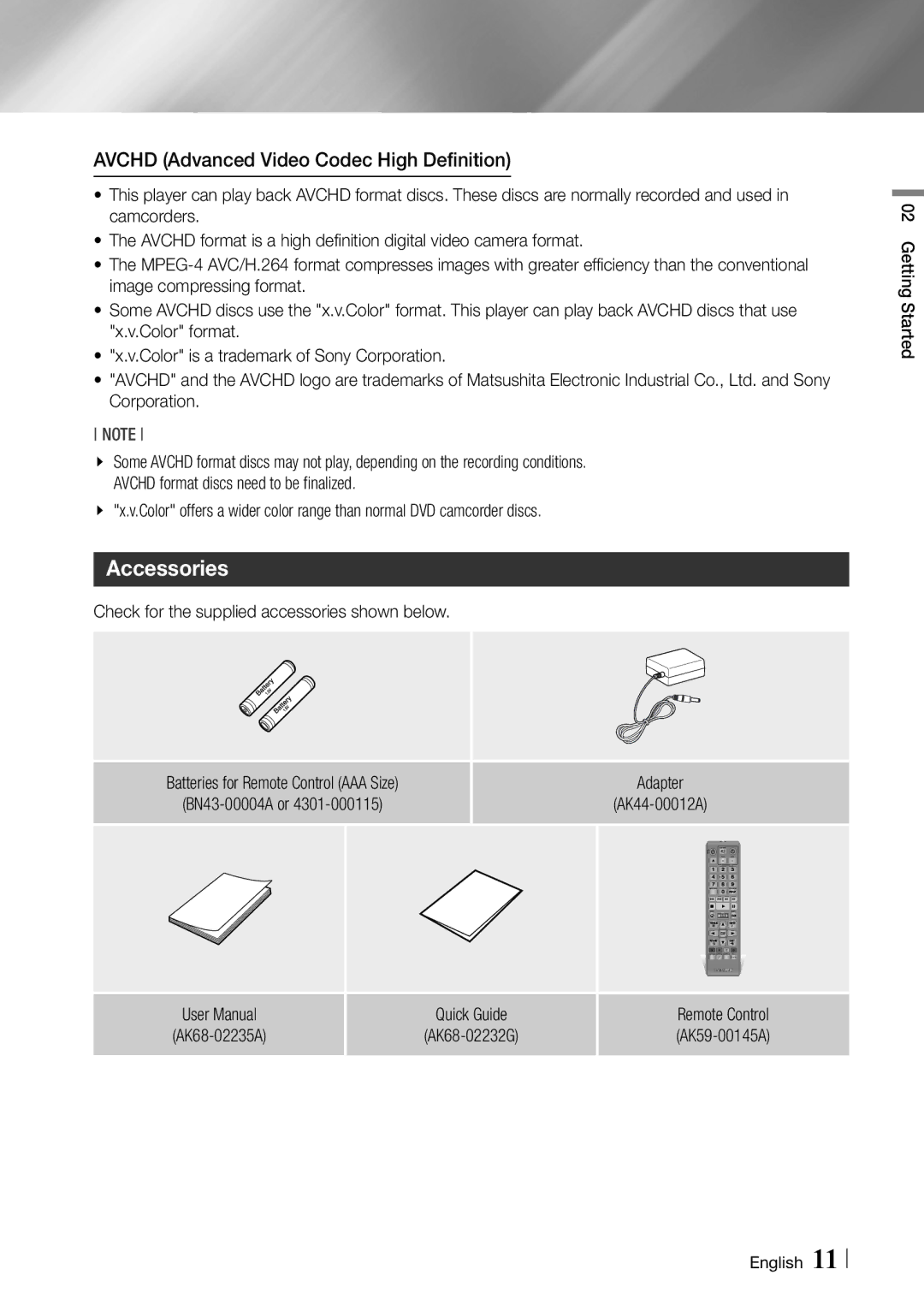 Samsung BD-ES6000/ZA user manual Accessories, Avchd Advanced Video Codec High Definition, AK68-02235A 