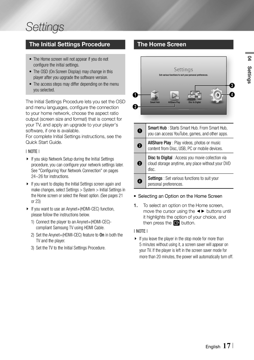 Samsung BD-ES6000/ZA user manual Initial Settings Procedure, Home Screen, Disc 