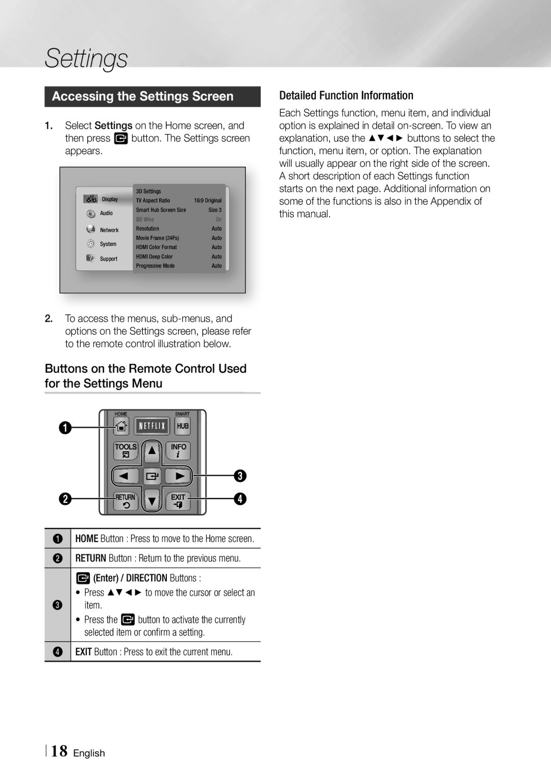 Samsung BD-ES6000/ZA user manual Accessing the Settings Screen, Buttons on the Remote Control Used for the Settings Menu 