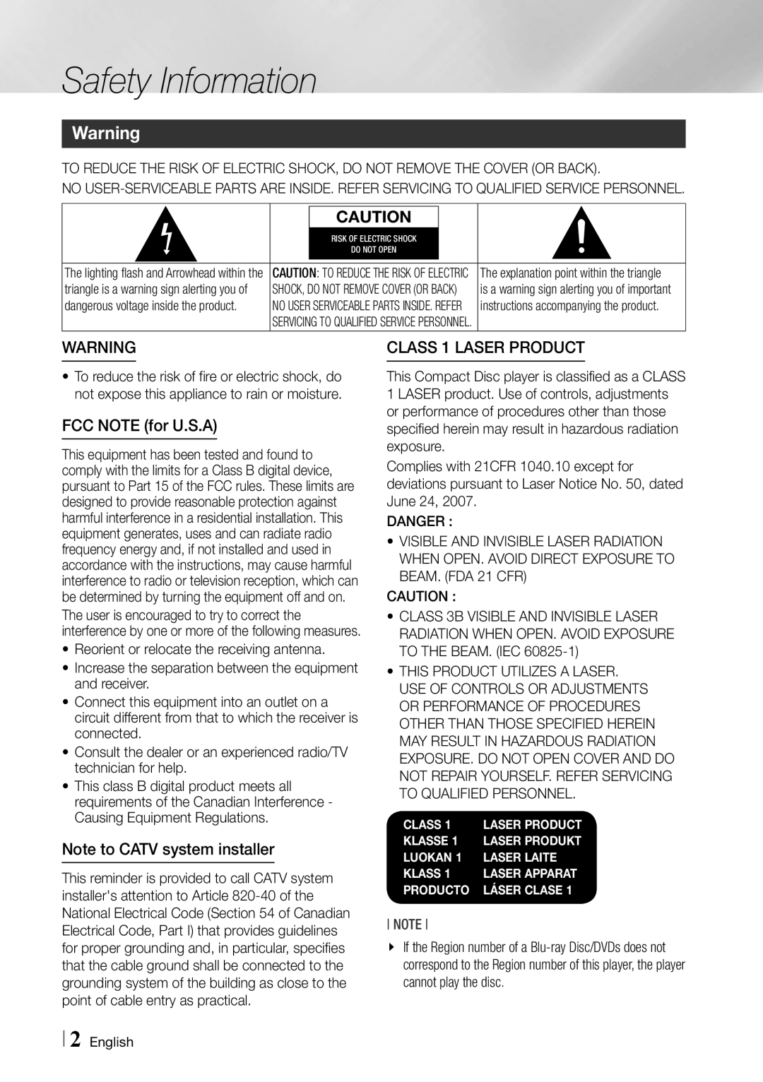 Samsung BD-ES6000/ZA user manual Safety Information, Class 1 Laser product, FCC Note for U.S.A 