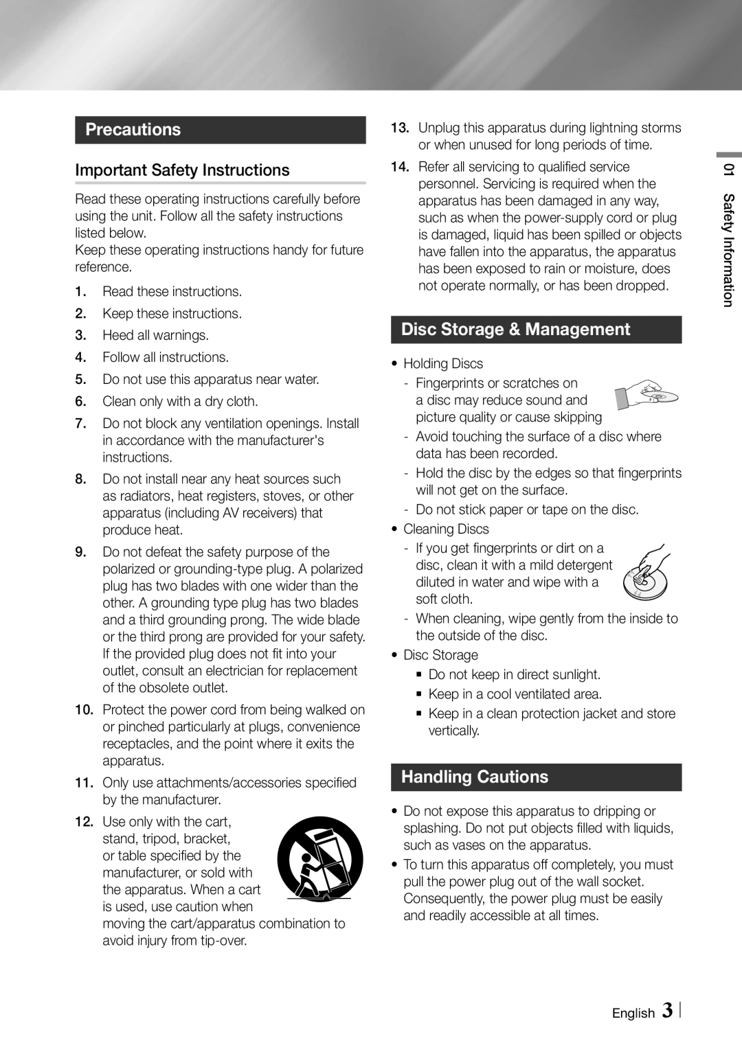 Samsung BD-ES6000/ZA user manual Precautions, Important Safety Instructions, Disc Storage & Management, Handling Cautions 