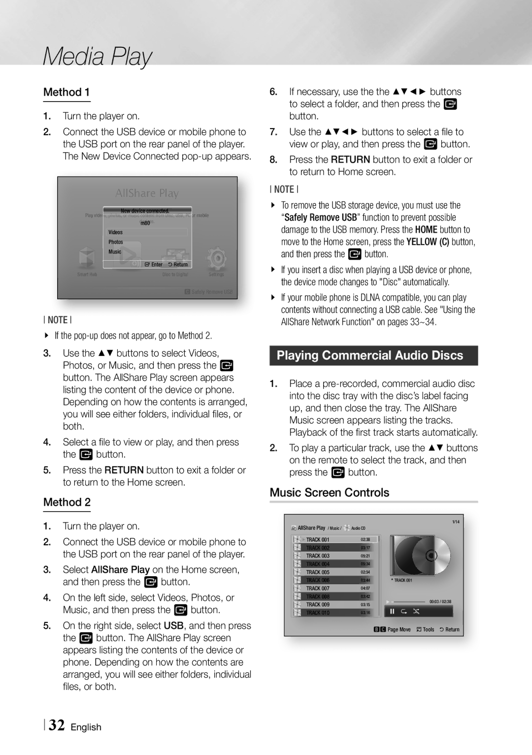 Samsung BD-ES6000/ZA user manual Playing Commercial Audio Discs, Music Screen Controls, Method, Turn the player on 