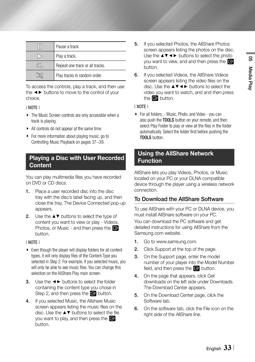 Samsung BD-ES6000/ZA user manual Playing a Disc with User Recorded Content, Using the AllShare Network Function 