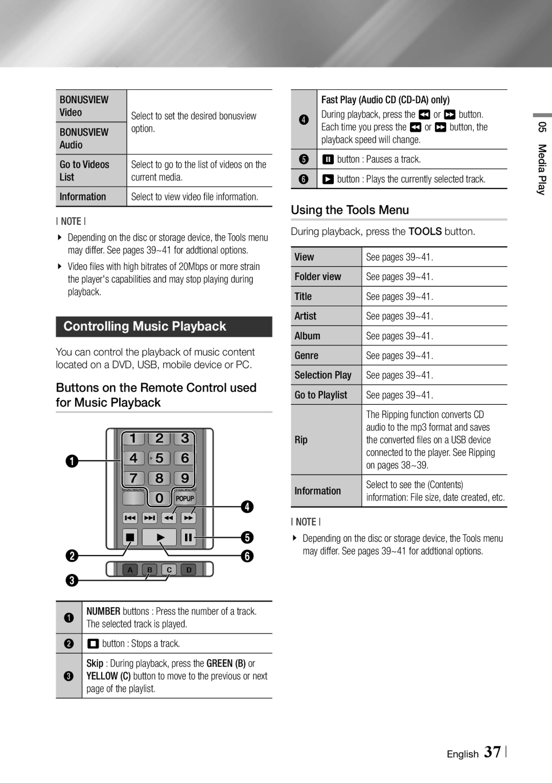 Samsung BD-ES6000/ZA user manual Controlling Music Playback, Buttons on the Remote Control used for Music Playback 