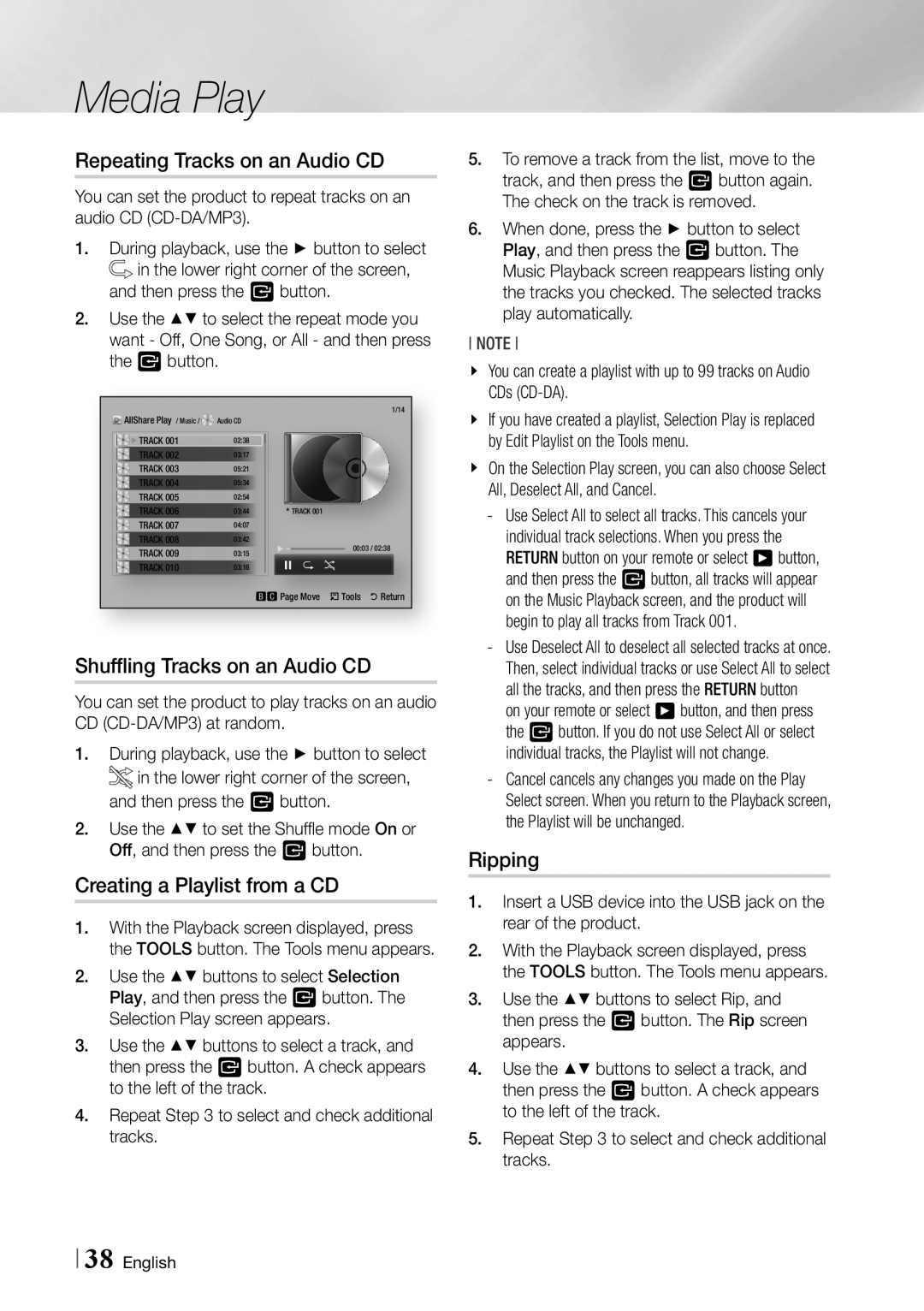 Samsung BD-ES6000/ZA Repeating Tracks on an Audio CD, Shuffling Tracks on an Audio CD, Creating a Playlist from a CD 