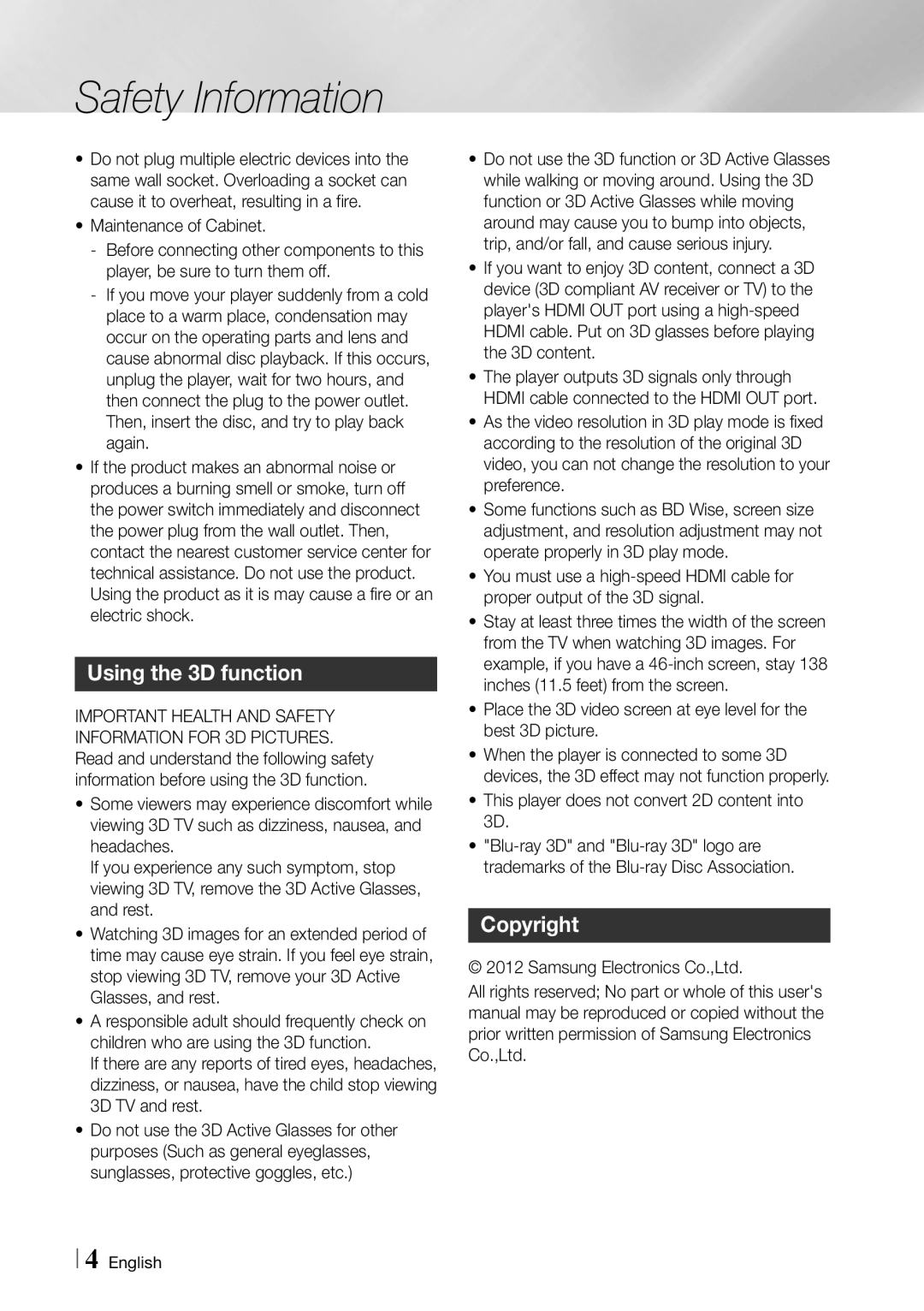 Samsung BD-ES6000/ZA user manual Using the 3D function, Copyright, This player does not convert 2D content into 3D 