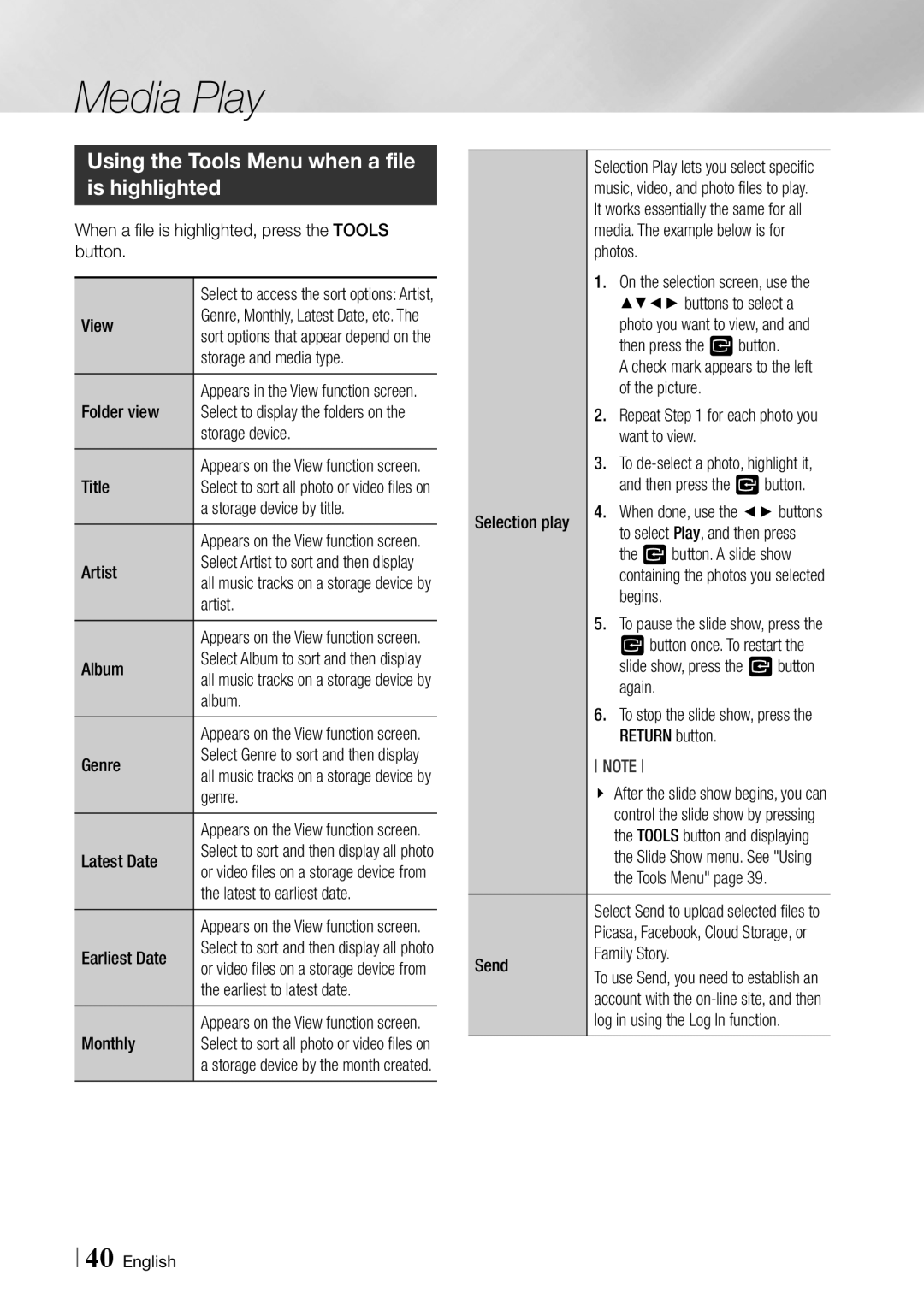 Samsung BD-ES6000/ZA user manual Using the Tools Menu when a file is highlighted 