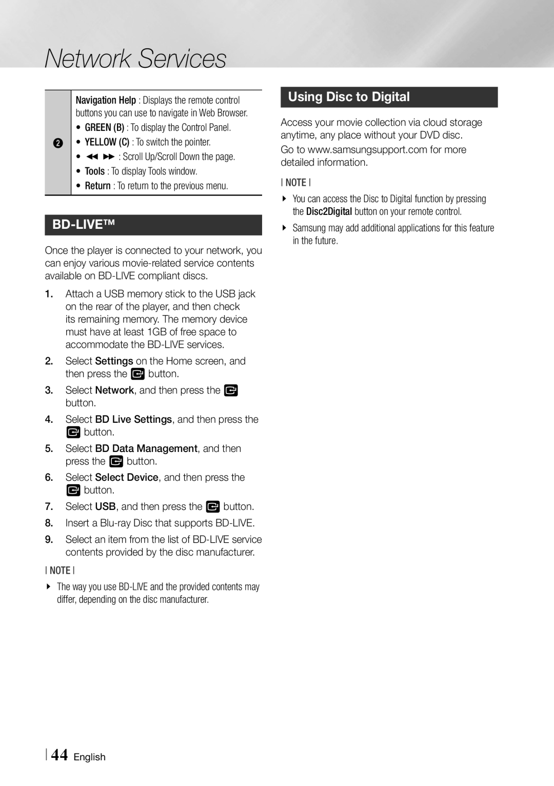 Samsung BD-ES6000/ZA user manual Using Disc to Digital, Yellow C To switch the pointer, Scroll Up/Scroll Down 