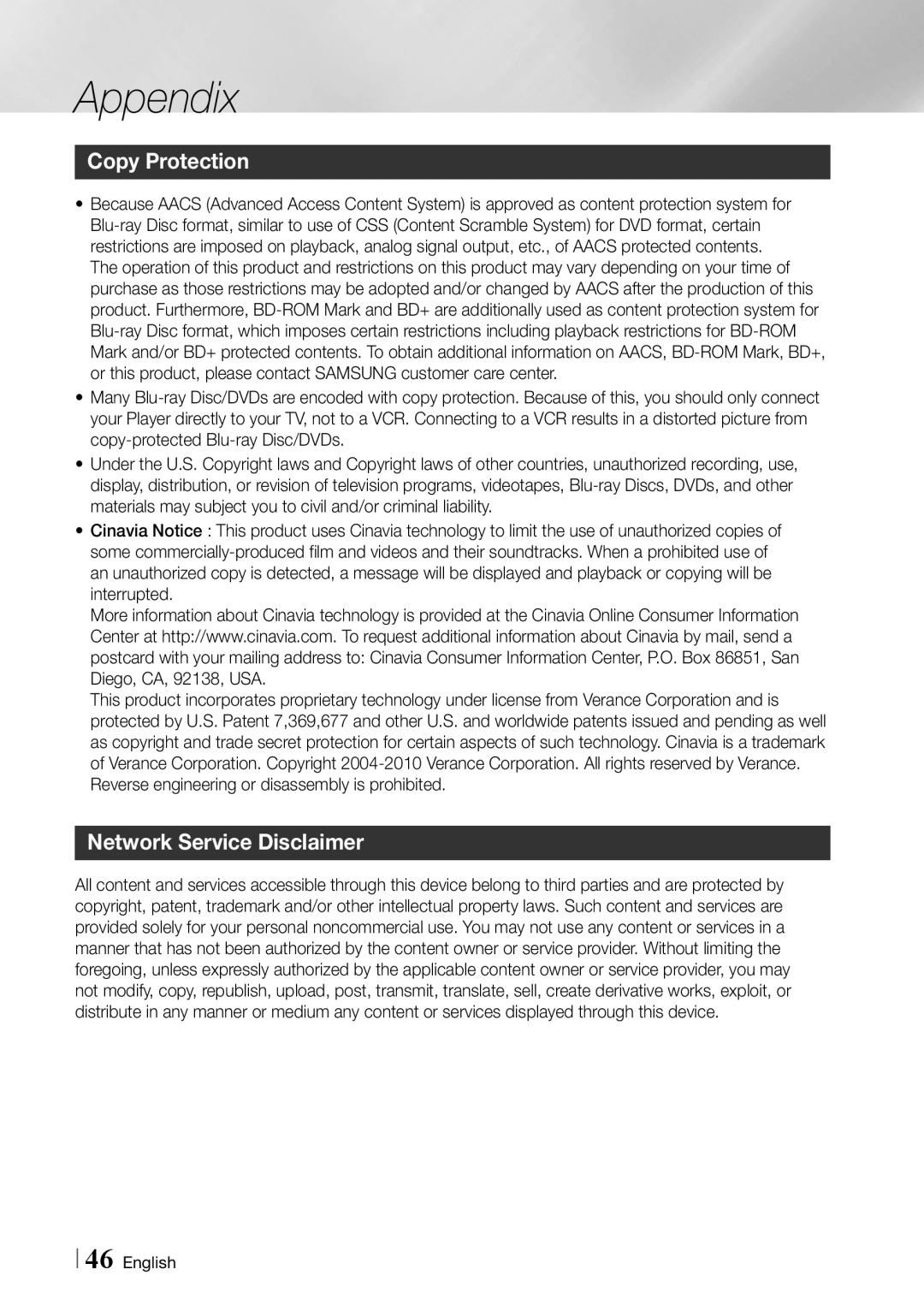 Samsung BD-ES6000/ZA user manual Copy Protection, Network Service Disclaimer 