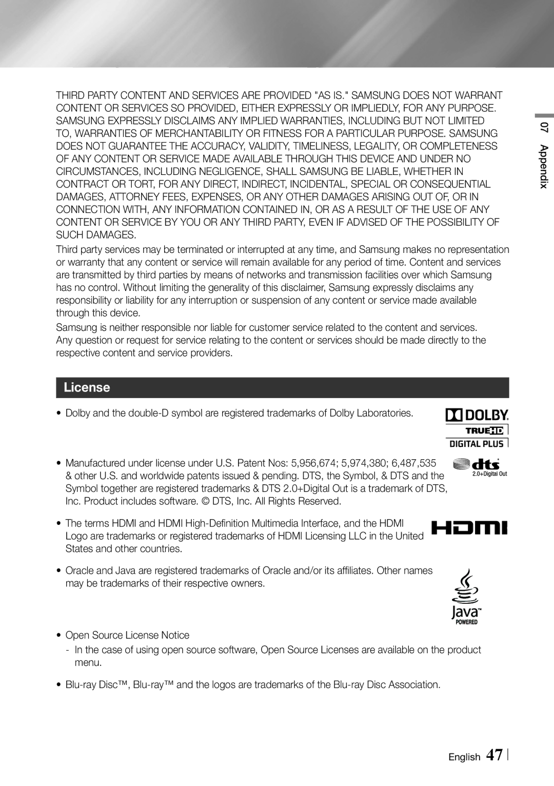 Samsung BD-ES6000/ZA user manual License 