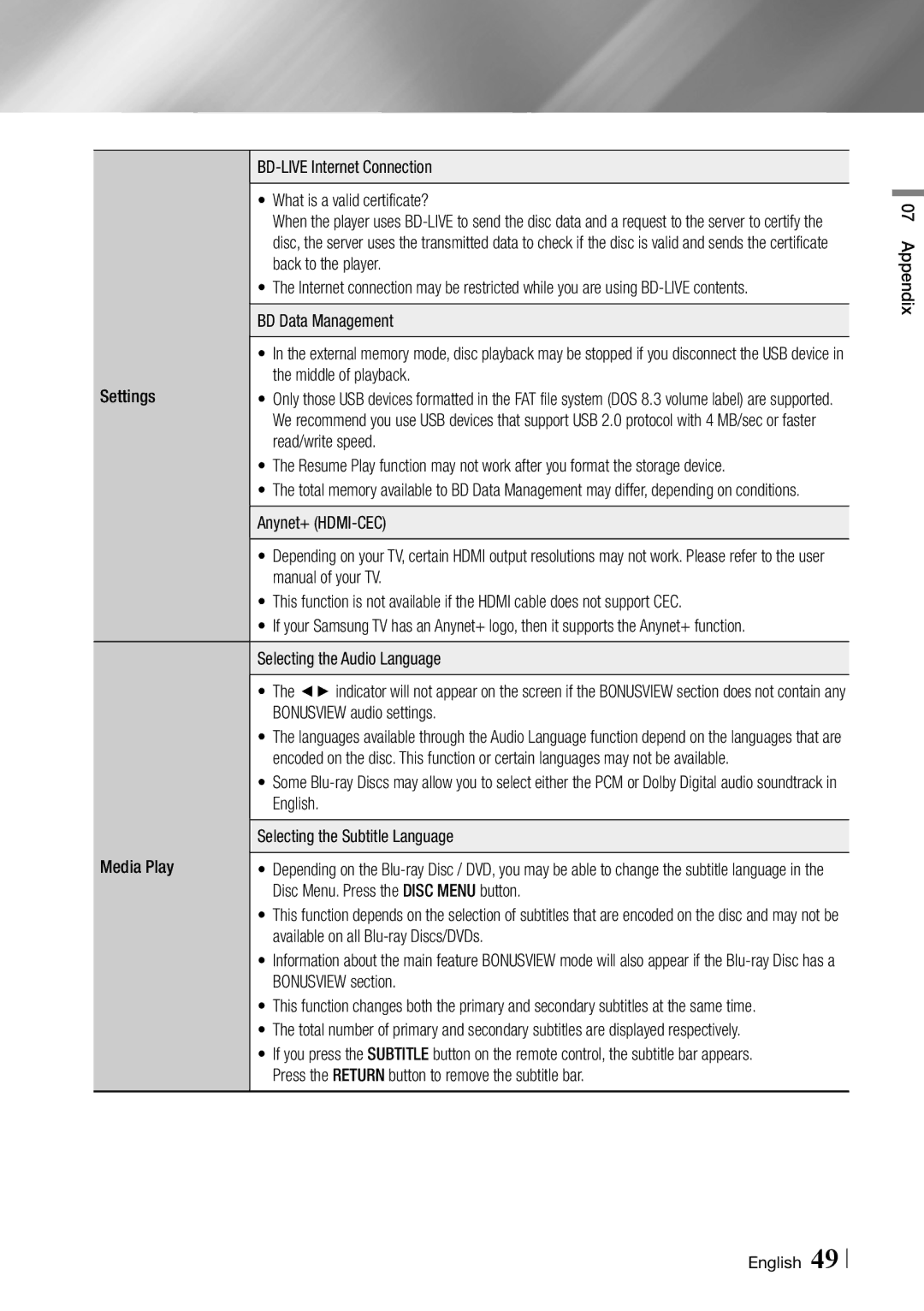 Samsung BD-ES6000/ZA user manual BD Data Management, Settings Middle of playback, Read/write speed, Bonusview section 