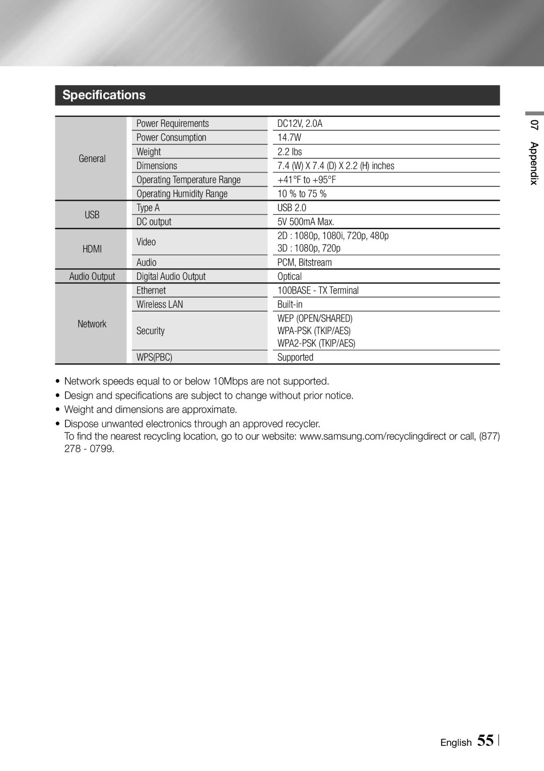 Samsung BD-ES6000/ZA user manual Specifications 