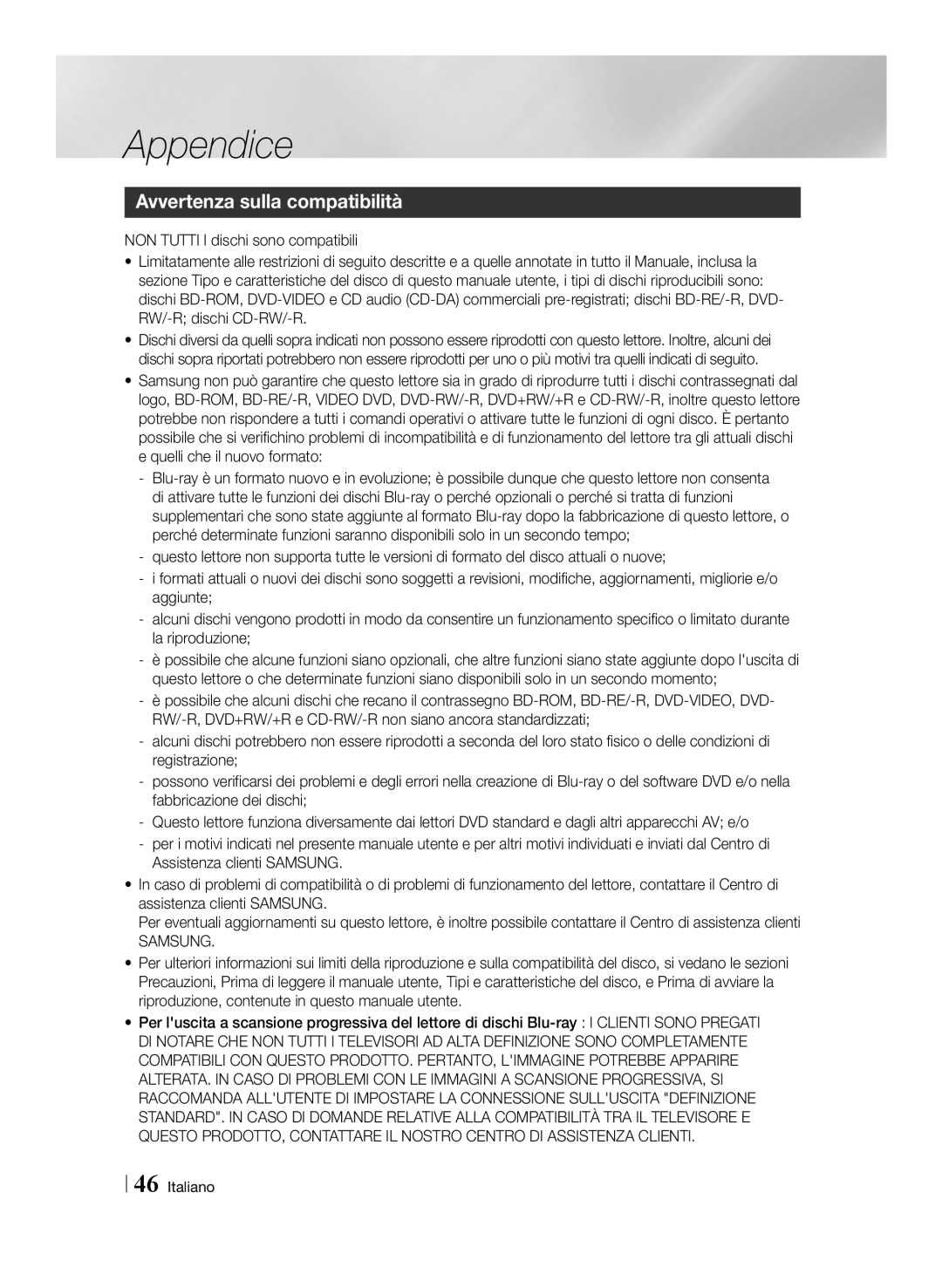 Samsung BD-ES6000E/ZF, BD-ES6000/ZF manual Appendice, Avvertenza sulla compatibilità, Samsung 