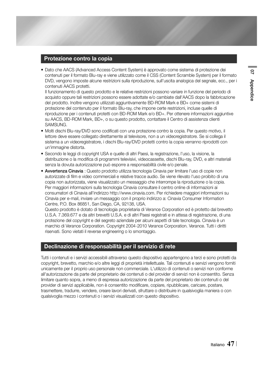 Samsung BD-ES6000/ZF, BD-ES6000E/ZF Protezione contro la copia, Declinazione di responsabilità per il servizio di rete 