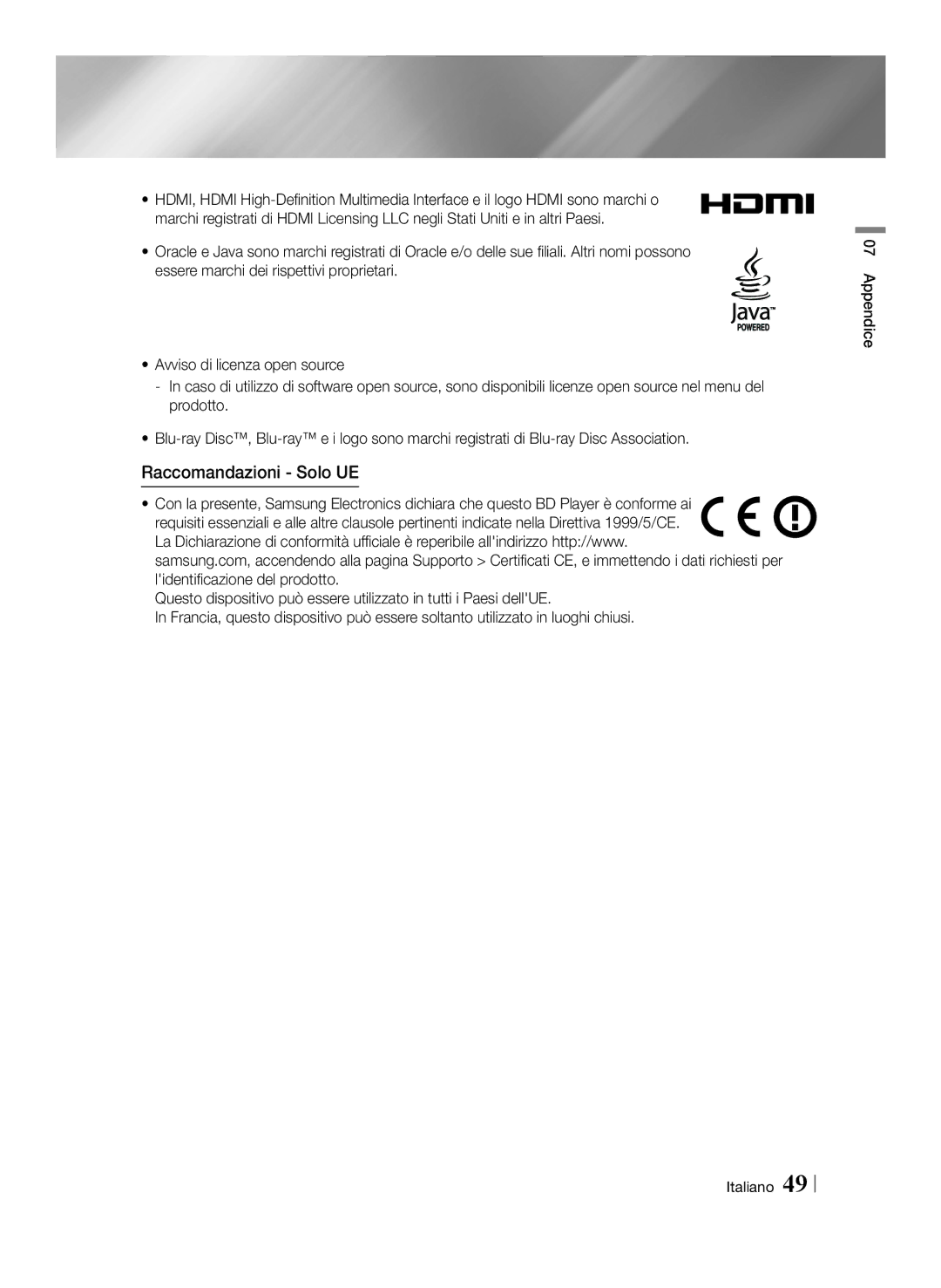 Samsung BD-ES6000/ZF, BD-ES6000E/ZF manual Raccomandazioni Solo UE 