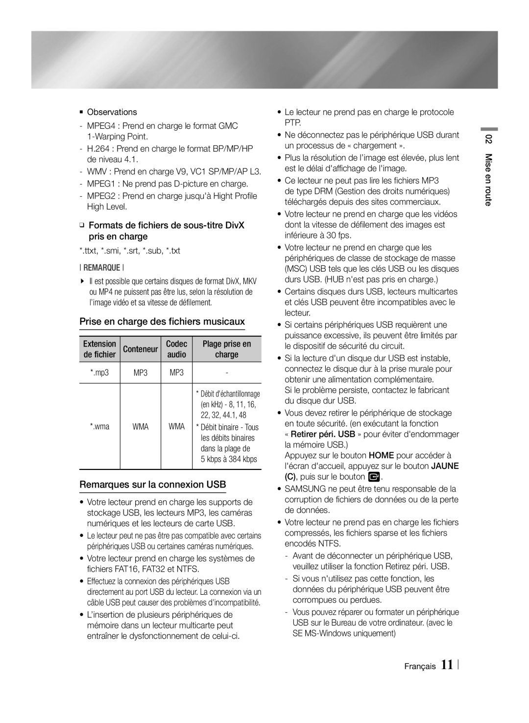 Samsung BD-ES6000E/ZF, BD-ES6000/ZF manual Prise en charge des fichiers musicaux, Remarques sur la connexion USB 