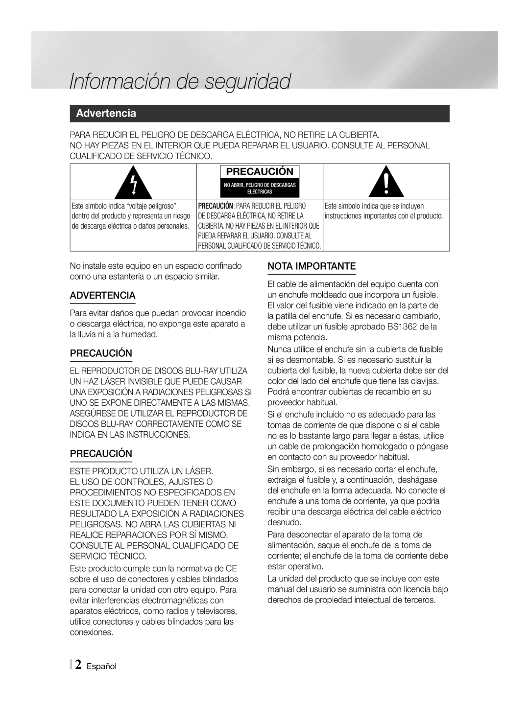 Samsung BD-ES6000/ZF, BD-ES6000E/ZF Información de seguridad, Advertencia, Español, Este símbolo indica que se incluyen 