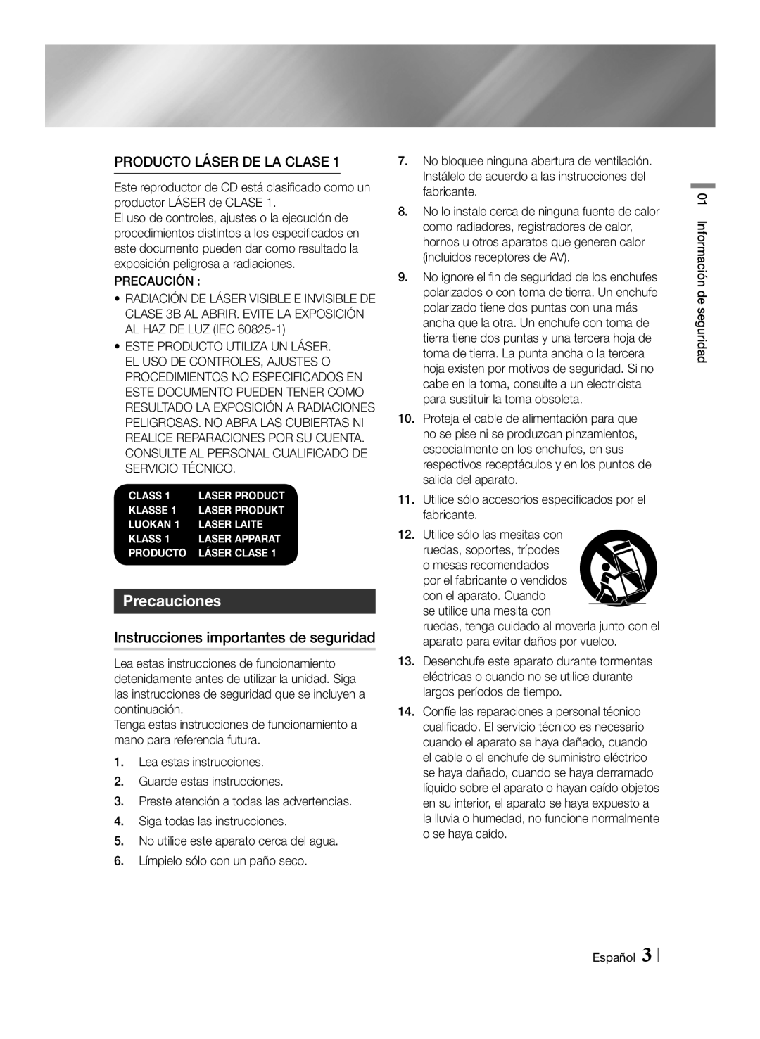 Samsung BD-ES6000E/ZF, BD-ES6000/ZF Precauciones, Instrucciones importantes de seguridad, Información de seguridad Español 