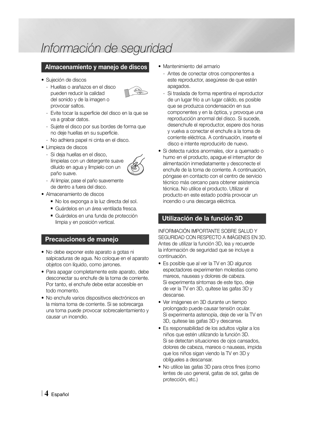 Samsung BD-ES6000/ZF, BD-ES6000E/ZF manual Precauciones de manejo, Utilización de la función 3D 