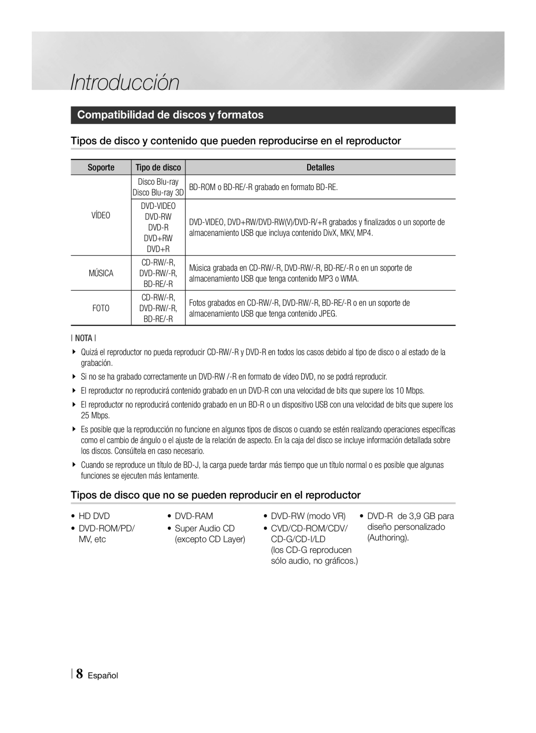 Samsung BD-ES6000/ZF, BD-ES6000E/ZF manual Introducción, Compatibilidad de discos y formatos 