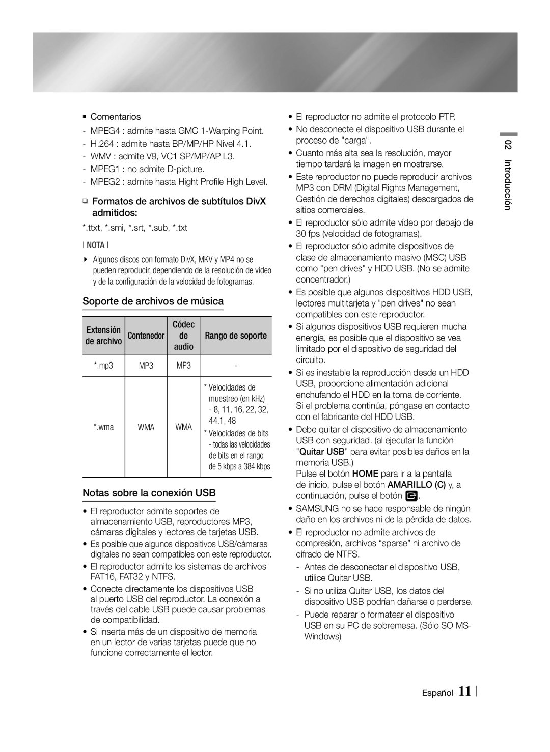 Samsung BD-ES6000E/ZF, BD-ES6000/ZF manual Soporte de archivos de música, Notas sobre la conexión USB, 44.1, Velocidades de 