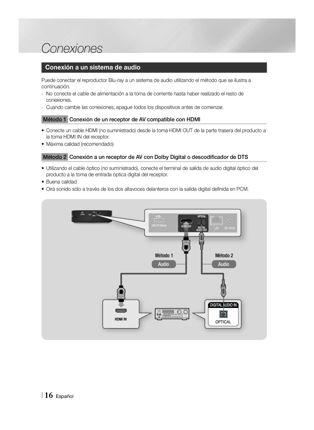 Samsung BD-ES6000/ZF, BD-ES6000E/ZF manual Conexión a un sistema de audio 