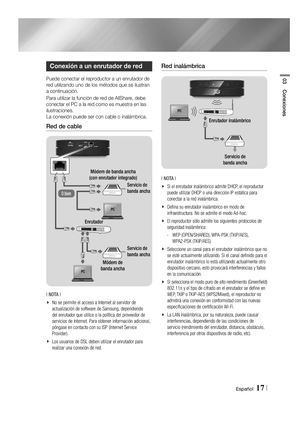 Samsung BD-ES6000E/ZF, BD-ES6000/ZF manual Conexión a un enrutador de red, Red de cable, Red inalámbrica 