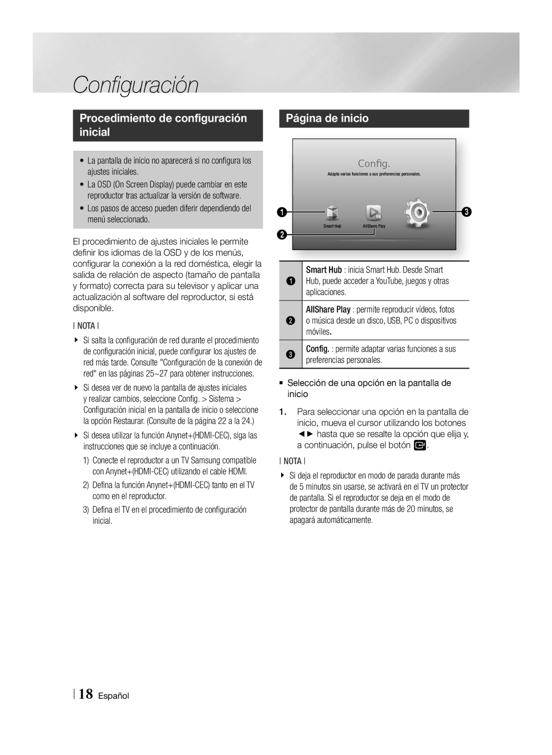 Samsung BD-ES6000/ZF, BD-ES6000E/ZF manual Configuración, Procedimiento de configuración inicial, Página de inicio 