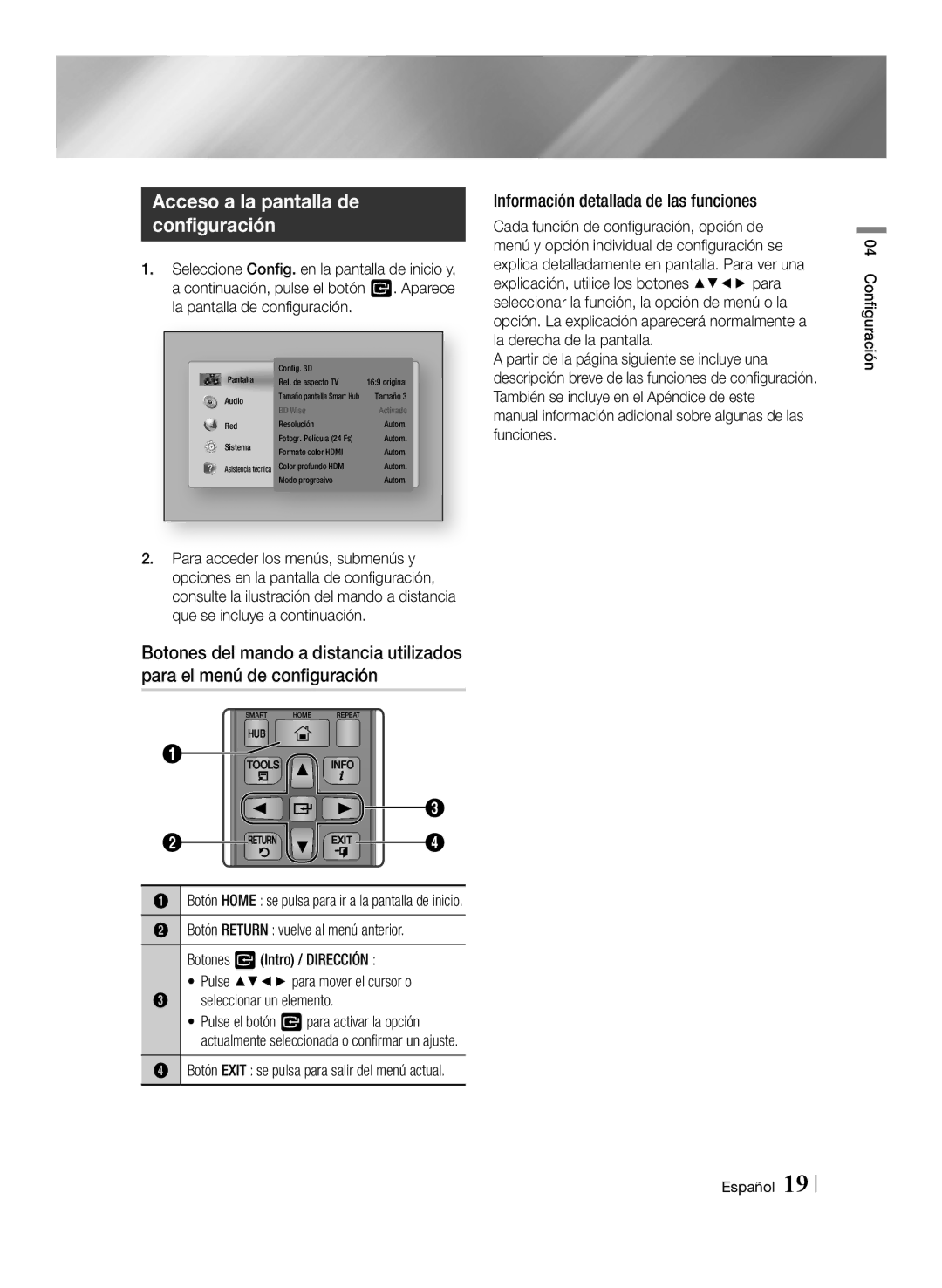 Samsung BD-ES6000E/ZF Acceso a la pantalla de configuración, Información detallada de las funciones, Configuración Español 