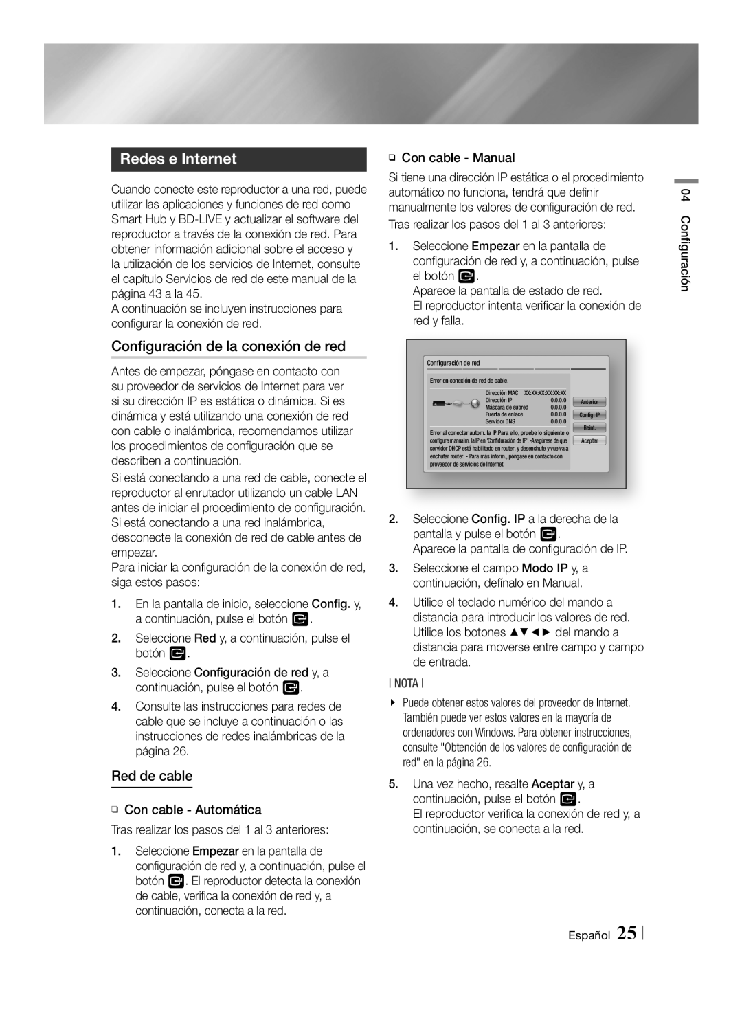 Samsung BD-ES6000E/ZF manual Redes e Internet, Configuración de la conexión de red, Red de cable, ĞĞ Con cable Manual 