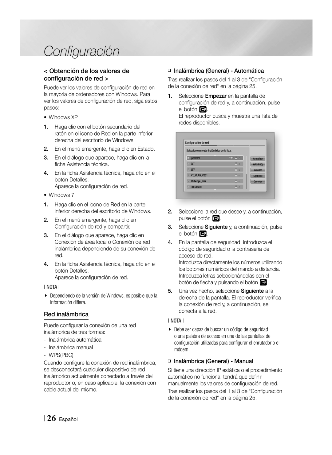 Samsung BD-ES6000/ZF Obtención de los valores de configuración de red, Red inalámbrica, ĞĞ Inalámbrica General Automática 