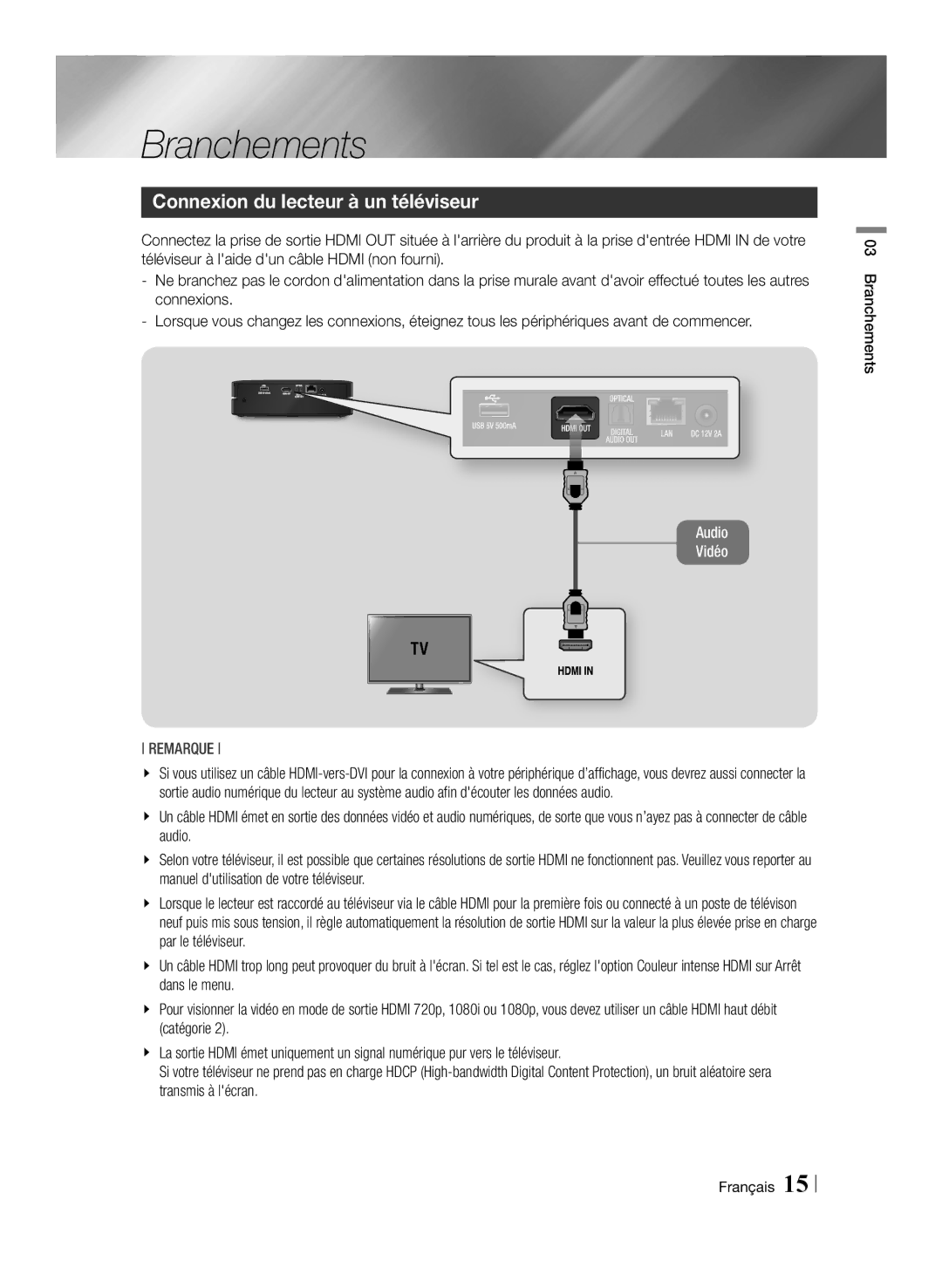 Samsung BD-ES6000E/ZF, BD-ES6000/ZF manual Connexion du lecteur à un téléviseur, Branchements Français 