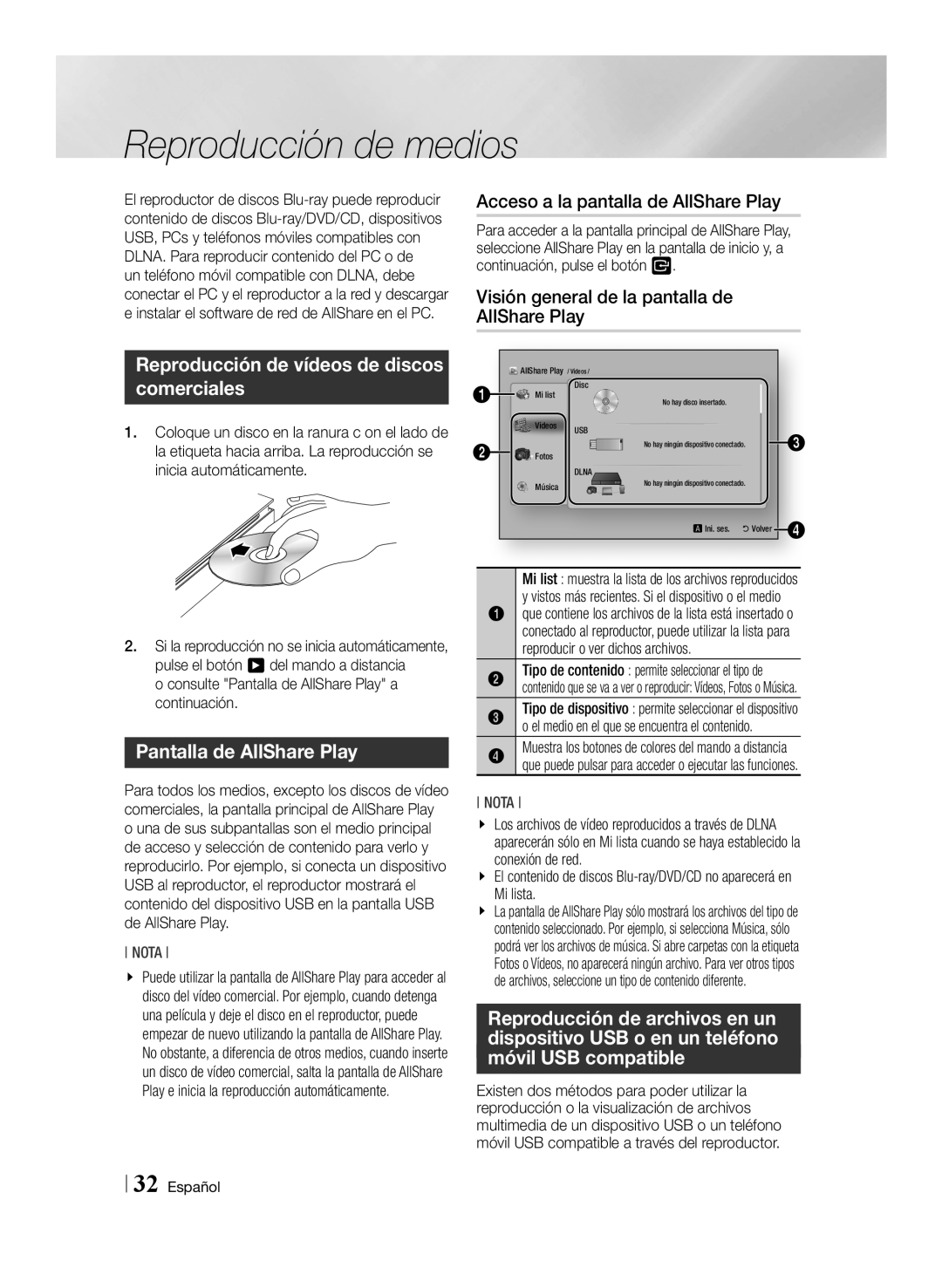 Samsung BD-ES6000/ZF manual Reproducción de medios, Acceso a la pantalla de AllShare Play, Pantalla de AllShare Play 