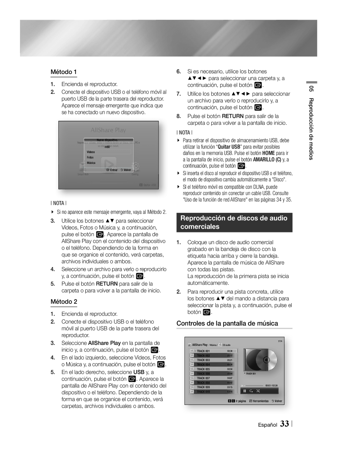 Samsung BD-ES6000E/ZF manual Reproducción de discos de audio comerciales, Controles de la pantalla de música, Método 