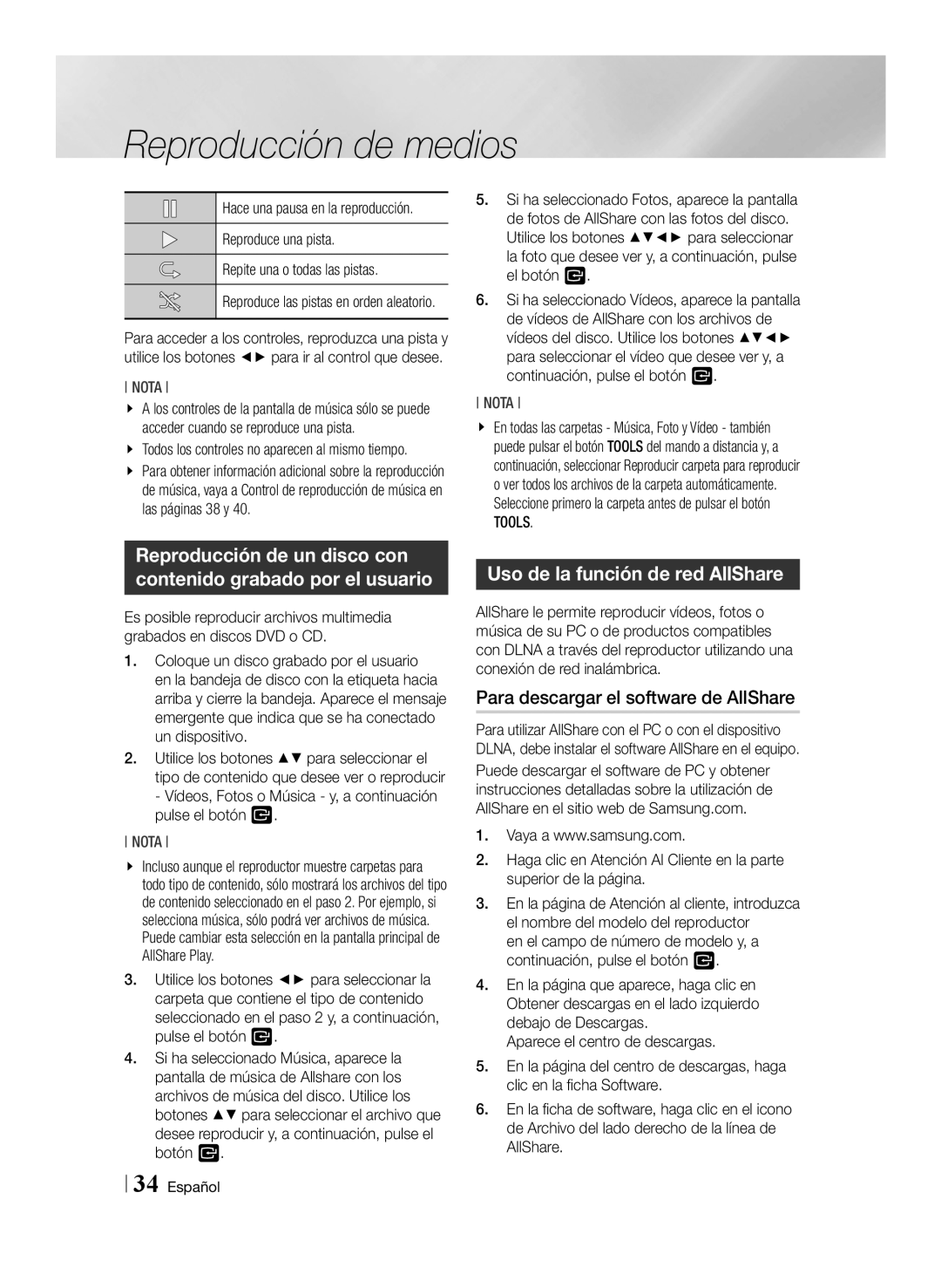 Samsung BD-ES6000/ZF, BD-ES6000E/ZF manual Uso de la función de red AllShare, Para descargar el software de AllShare 